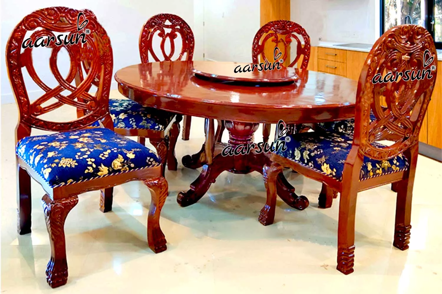 6 Seater Round Dining Table Set Dark Brown Finish view 4