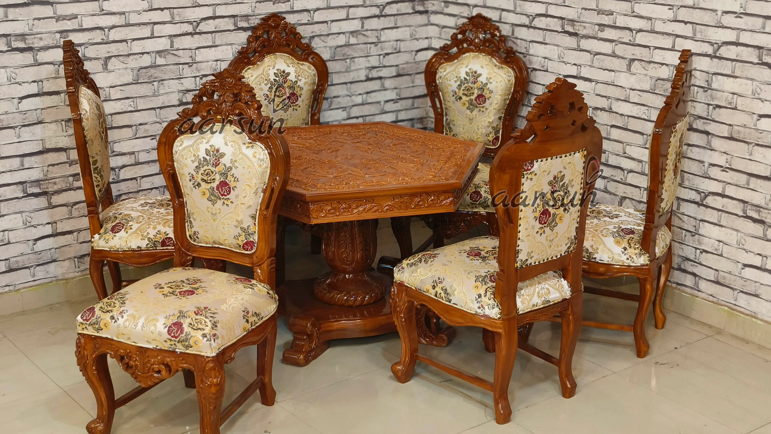 Wooden Handcrafted Hexagon Shape Dining Table Set Design view 5