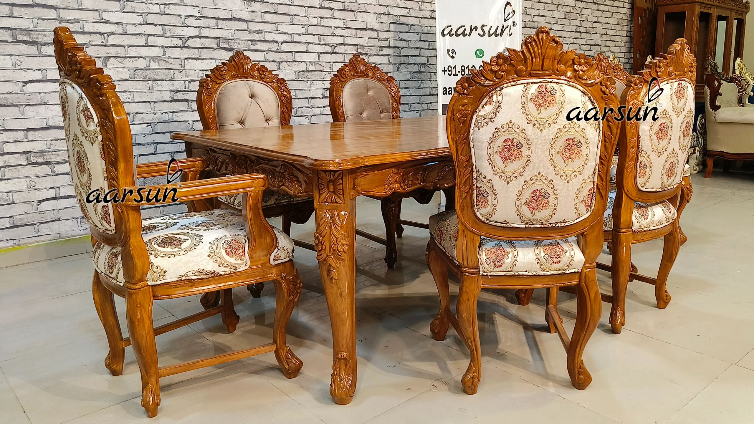 Double Carved 6 Seater Dining in Teak Wood view 4
