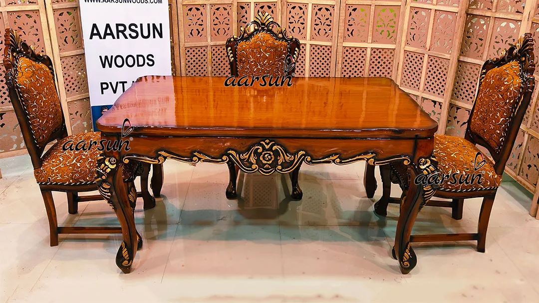 Triple Shaded 4 Seater Dining Set Carved in Teak Wood view 3