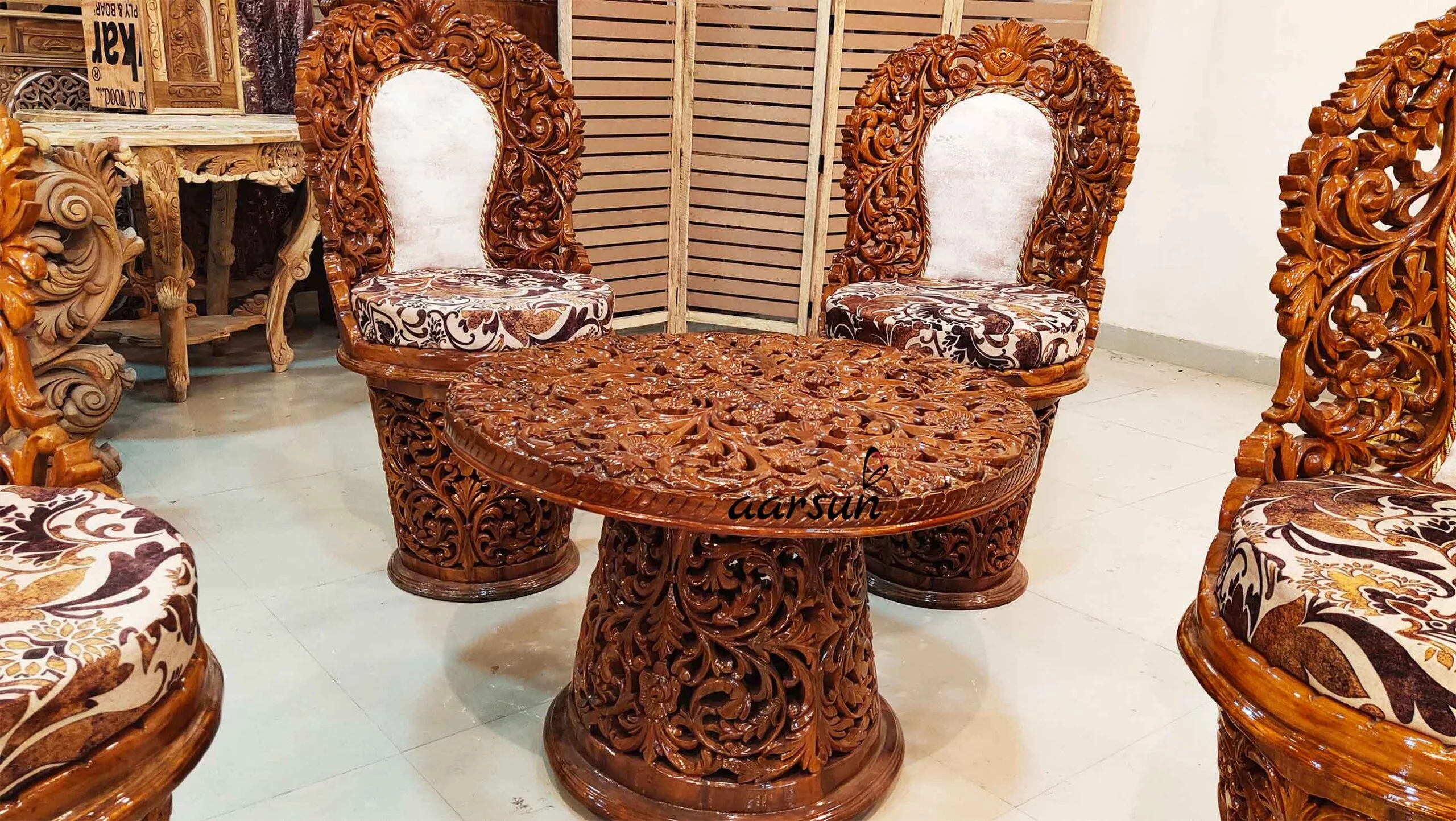 4 Seater Coffee Table with Chair in Teak Wood view 3