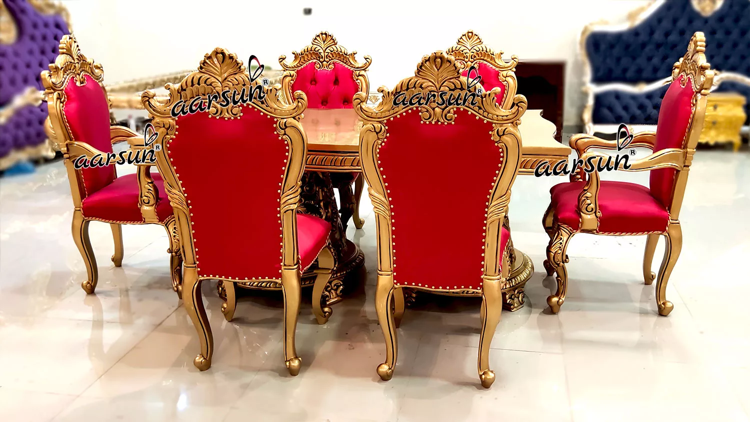 6 Seater Dining Set in Gold Paint & Pink Fabric view 4