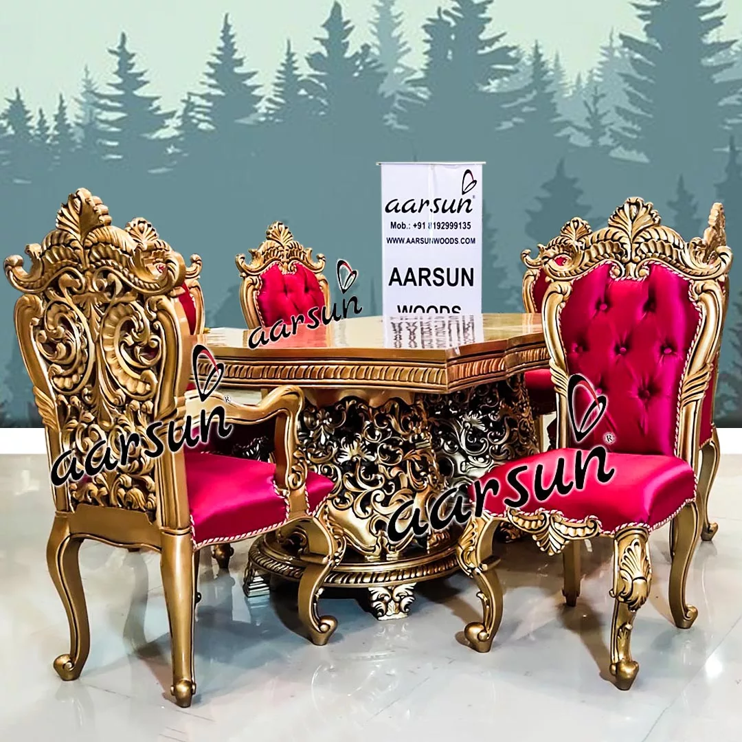 6 Seater Dining Set in Gold Paint & Pink Fabric