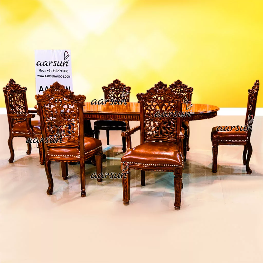 6 Seater Dining Set in Teak Wood Teak Glossy Finish