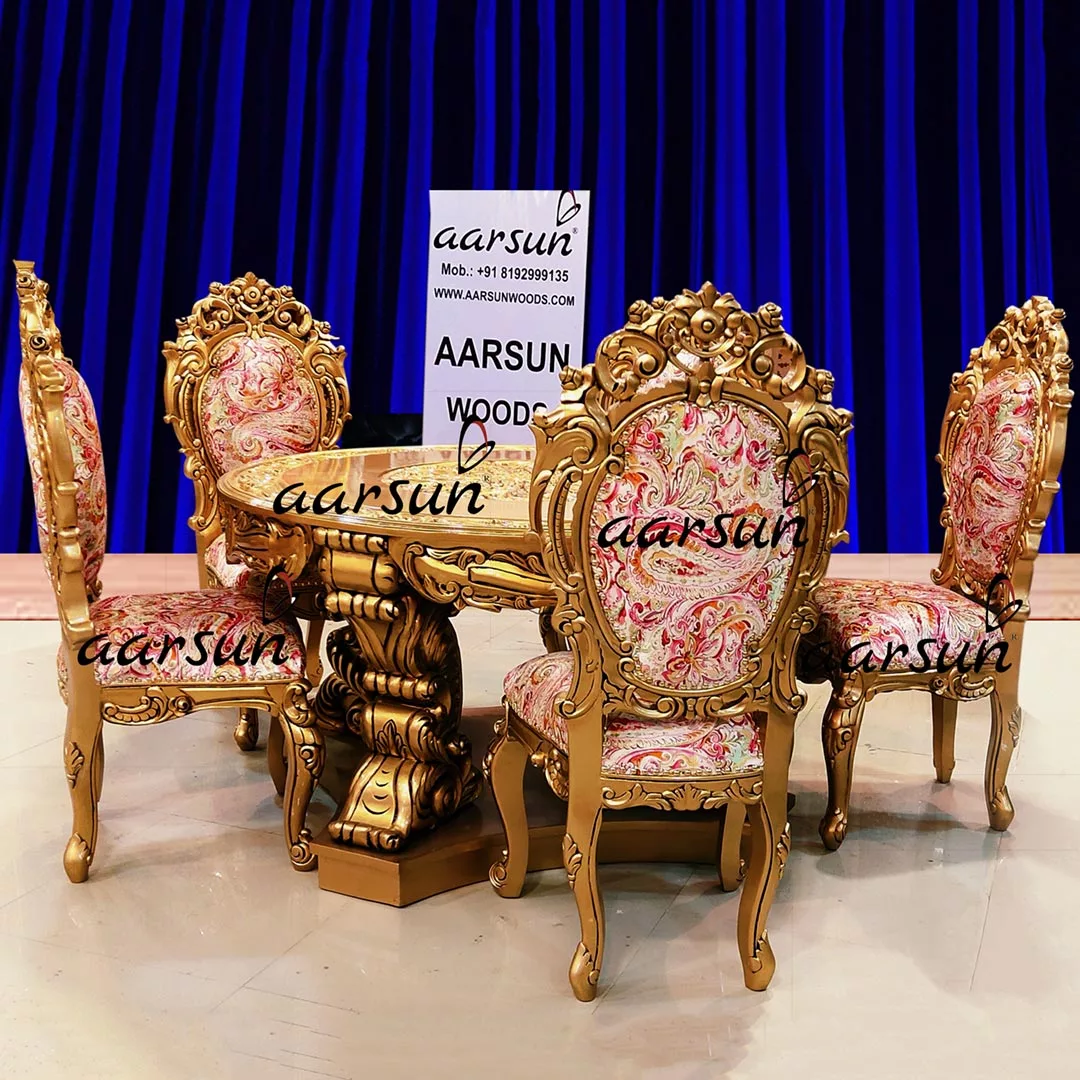 6 Seater Round Dining Set with Double Carved Chairs