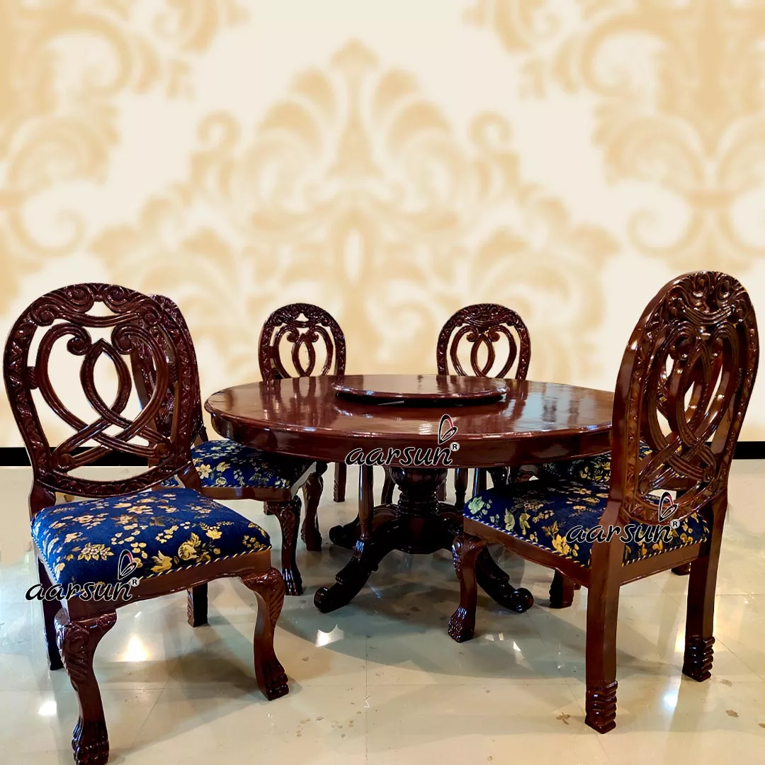 6 Seater Round Dining Table Set Dark Brown Finish