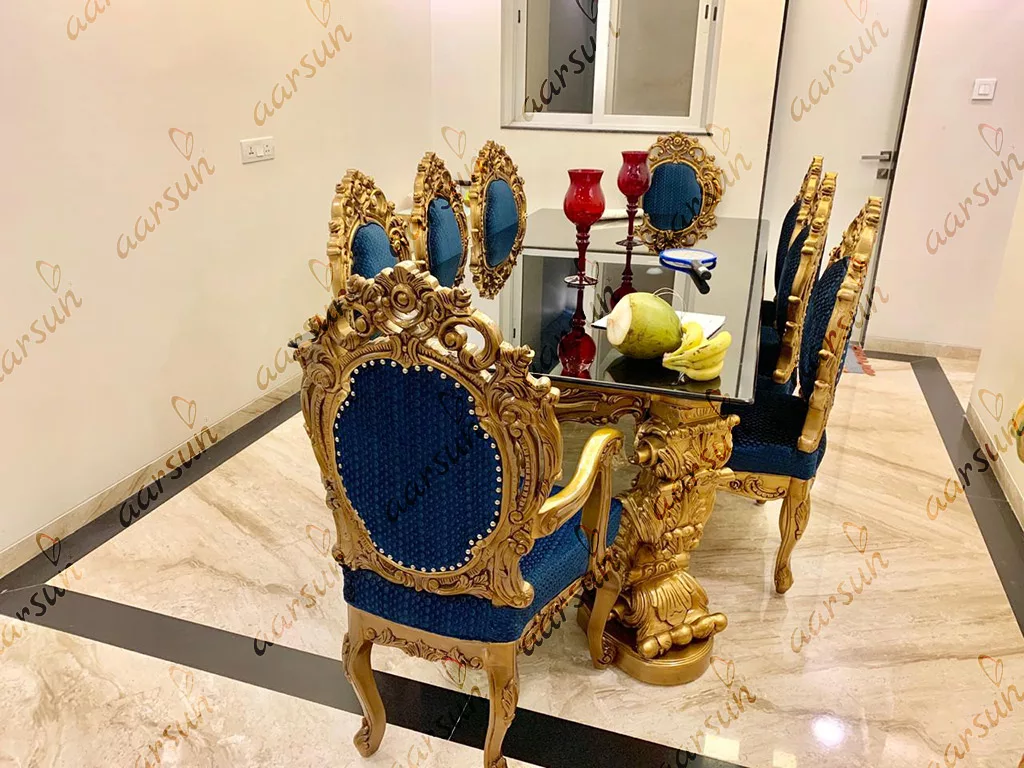 8 Seater Teak Wood Dining Set with Royal Blue Fabric view 3
