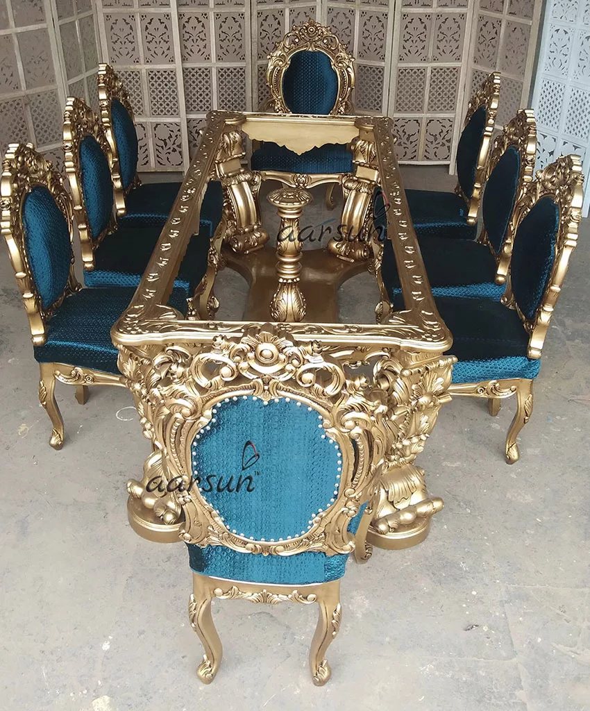 8 Seater Teak Wood Dining Set with Royal Blue Fabric view 6
