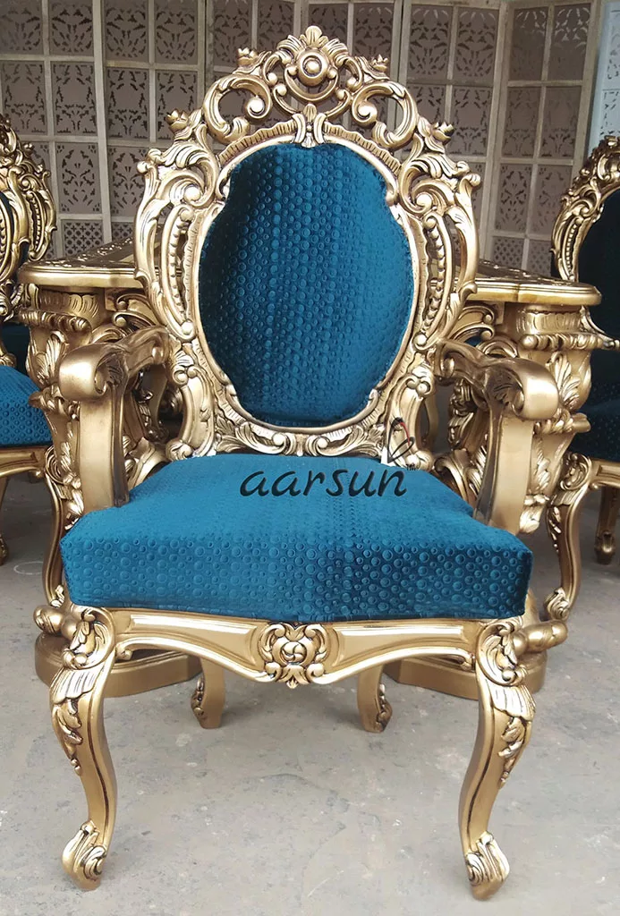 8 Seater Teak Wood Dining Set with Royal Blue Fabric view 7