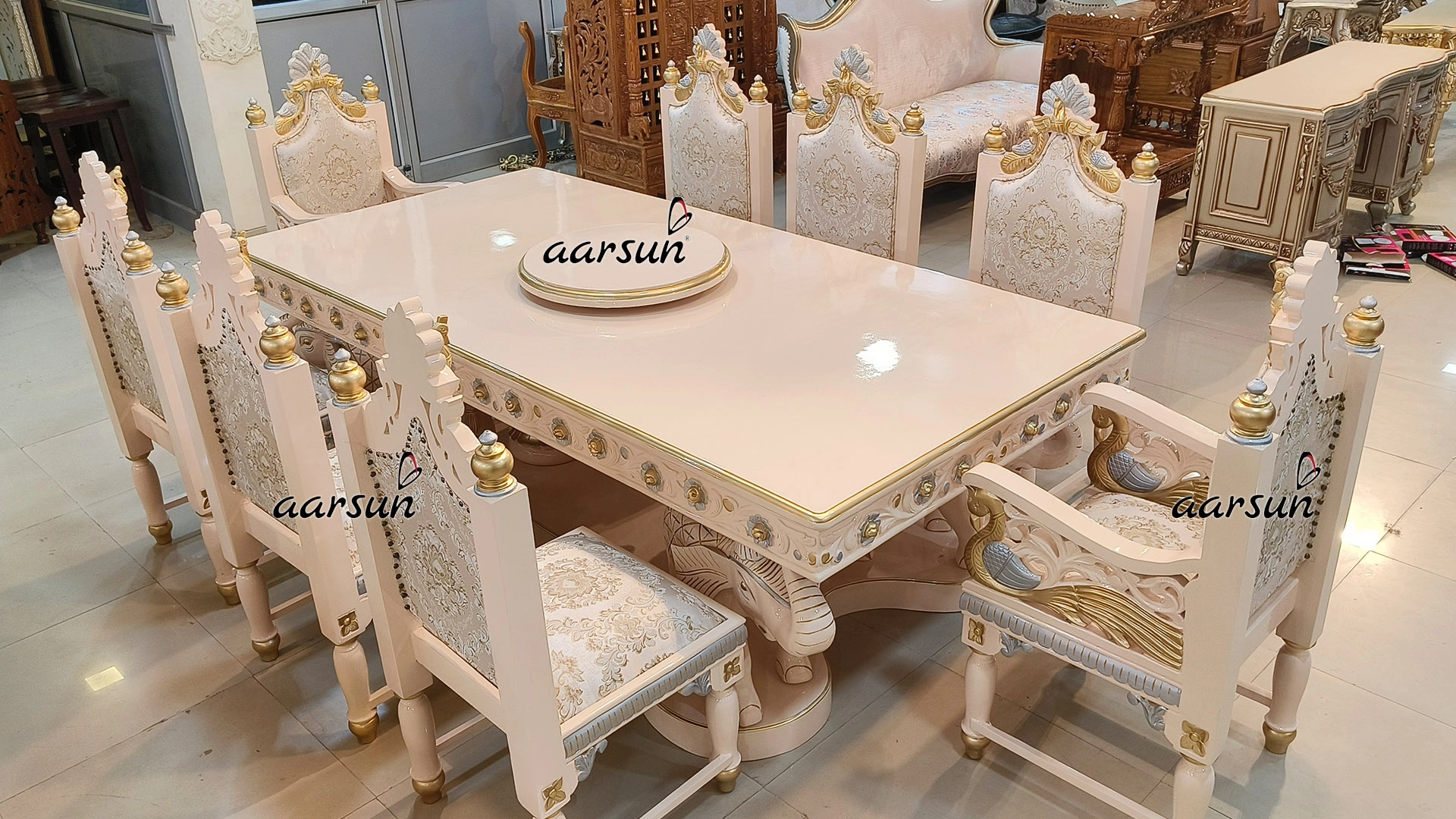 Dining Table Set with Peacock and Swan Carving view 4