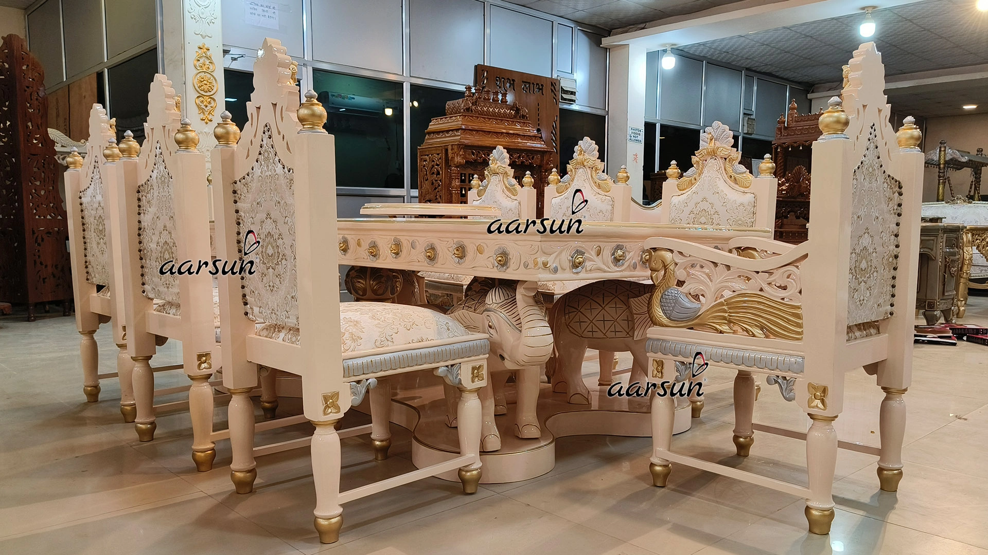 Dining Table Set with Peacock and Swan Carving