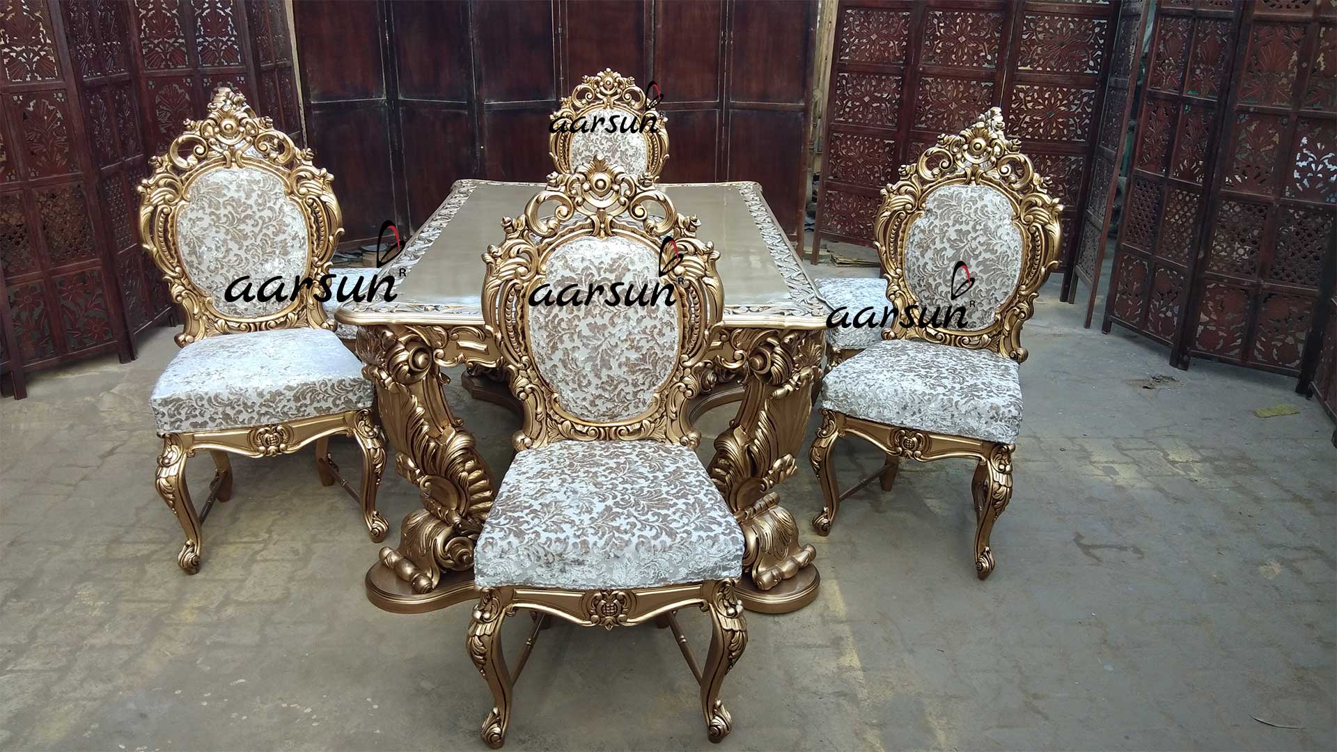 Dual Carved Dining Set with Gold Polish
