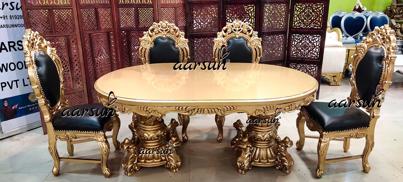 Luxurious Dining Set 6 Seater in Antique Gold Paint & Teak Wood view 3