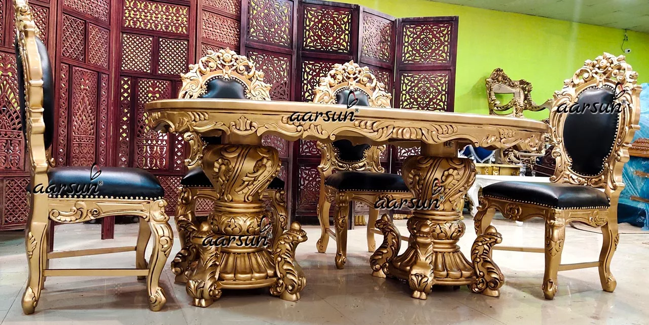 Luxurious Dining Set 6 Seater in Antique Gold Paint & Teak Wood view 4