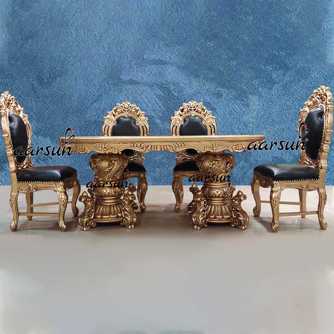 Luxurious Dining Set 6 Seater in Antique Gold Paint & Teak Wood