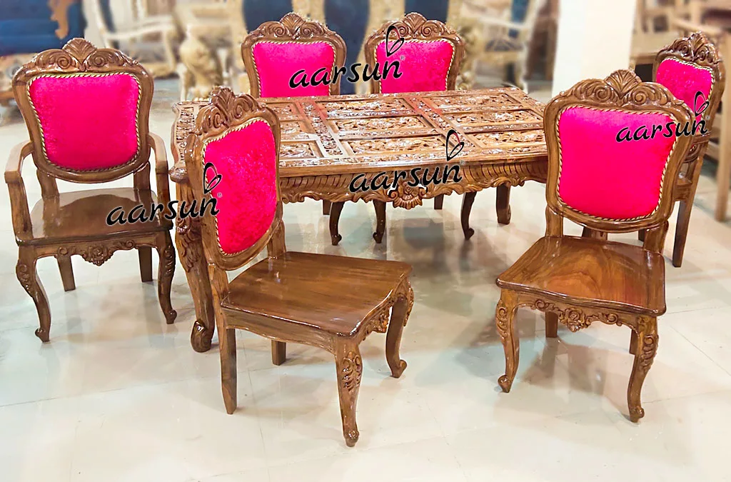 Pink Fabric Dining Set in Teak Wood