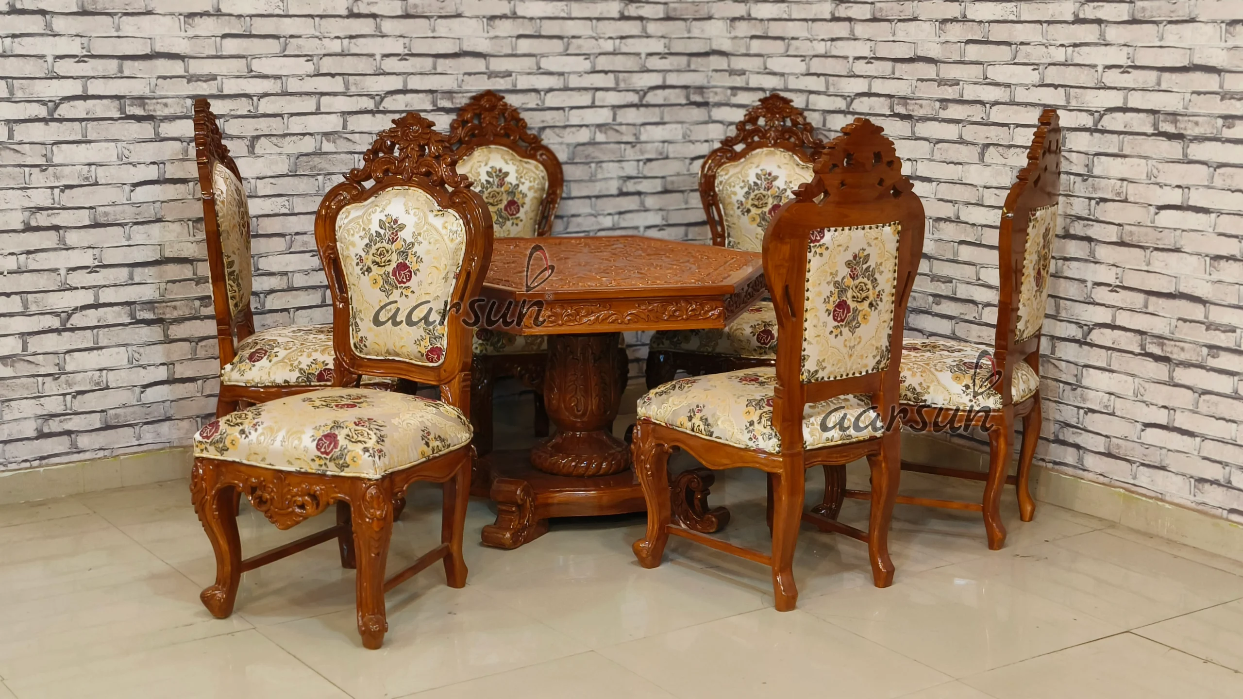 Wooden Handcrafted Hexagon Shape Dining Table Set Design view 3